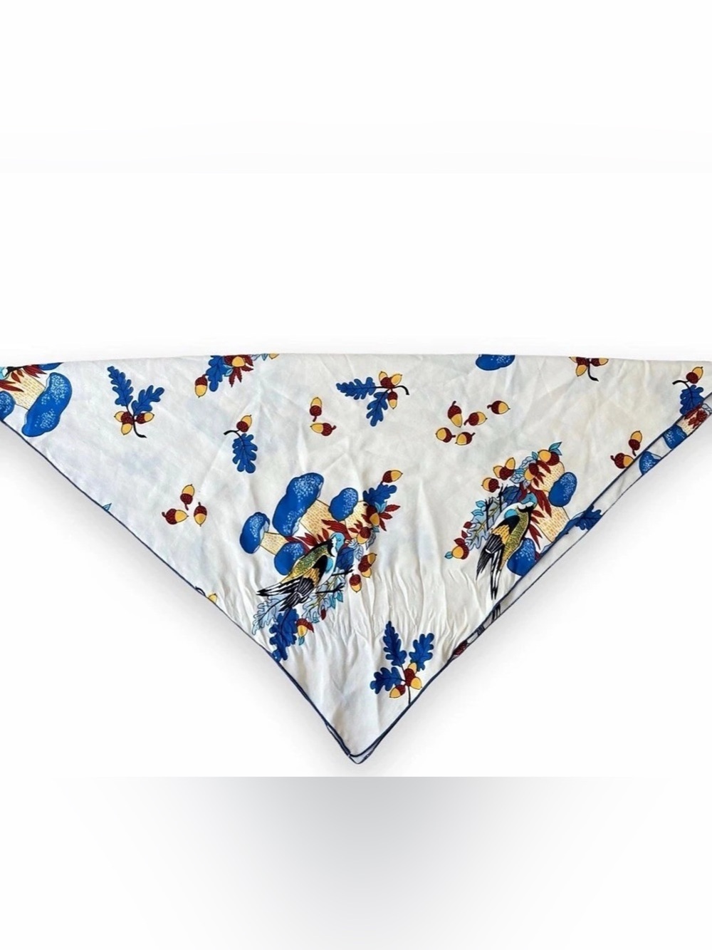 Vtg 60s Woodland Mushroom and Bird Square Bandana Scarf Cottagecore Cream Blue